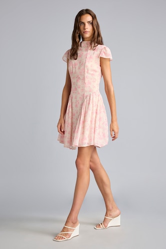 WOMAN Light Pink Mock Neck Floral Chiffon Short Sleeve Mini Dress