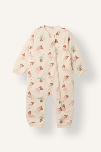 Baby Girls Ecru Woman Crew Neck Printed Jumpsuit