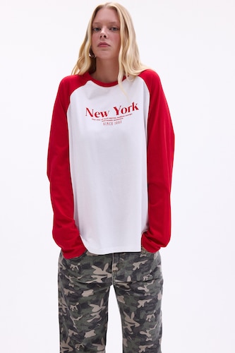 Women Ecru Oversize Fit 100% Cotton Printed Crew Neck Long Sleeve T-Shirt