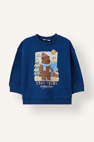 Erkek Bebek İndigo Ayı Baskılı Oversize Sweatshirt Erkek Bebek