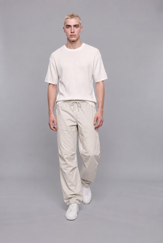 Man White 100% Cotton Baggy Fit Elastic Tie Waist White Trousers