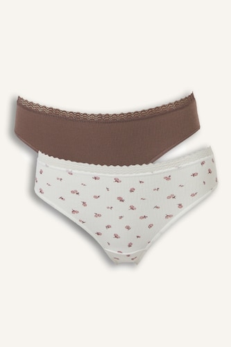 Kadın Ekru Dantel Detaylı Ribana 2'li Slip Külot