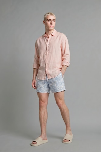 رجالي برتقالي فاتح Relax Fit Linen Blended Long Sleeve Shirt