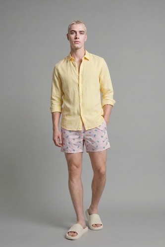 Men Light Yellow Relax Fit Linen Blended Long Sleeve Shirt