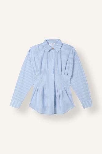 Kadın Mavi Fitted Bel Detaylı Çizgili Poplin Gömlek