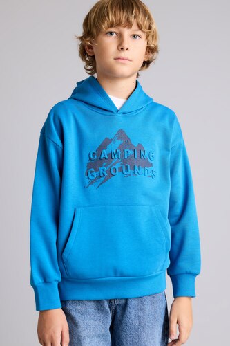 Erkek Çocuk - Genç Erkek İndigo Oversıze Kapüşonlu İçi Yumuşak Tüylü Sweatshirt Erkek Çocuk