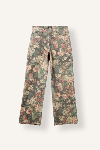Kadın Siyah Çiçekli Straight Fit Pantolon