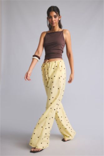 Kadın Açık Sarı Wide Leg Puantiyeli Pantolon