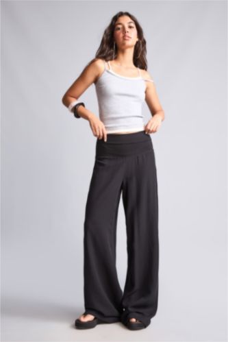 Kadın Siyah Wide Leg Keten Karışımlı Pantolon