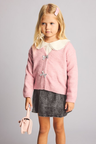 طفلة صغيرة أرجواني Baby Girl Basic V-Neck Knit Cardigan with Bow Detail