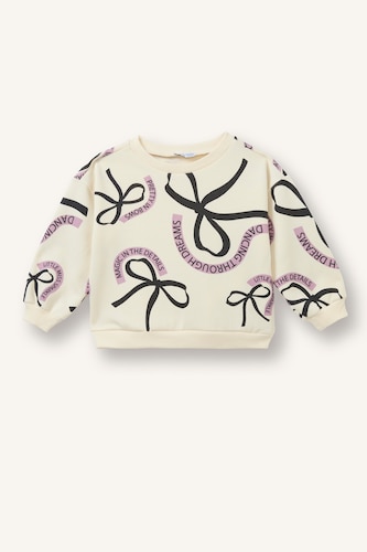 Kız Bebek Ekru Baskılı Bisiklet Yaka Sweatshirt Kız Bebek