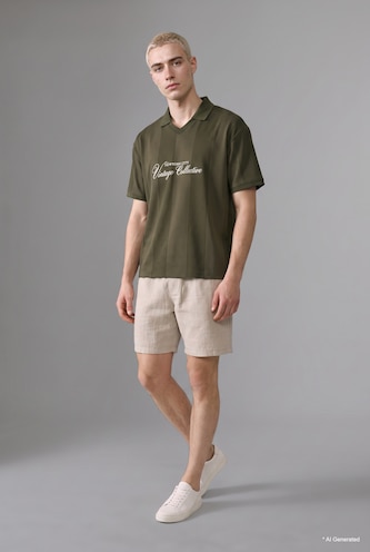 رجال كاكي داكن Boxy Fit Short Sleeve Striped Print Polo T-Shirt