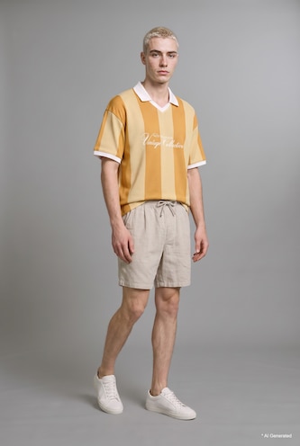 Men Yellow Boxy Fit Short Sleeve Striped Print Polo T-Shirt