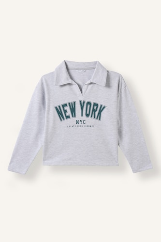 Young Girls - Teen Girls Light Grey Melange Woman Relax Fit Polo Collar Sweatshirt