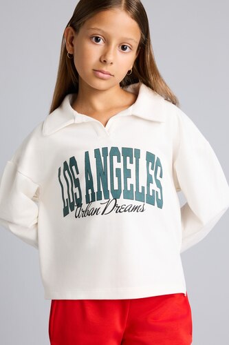 Kız Çocuk - Genç Kız Beyaz Relax Fıt Baskılı Sweatshirt Kız Çocuk