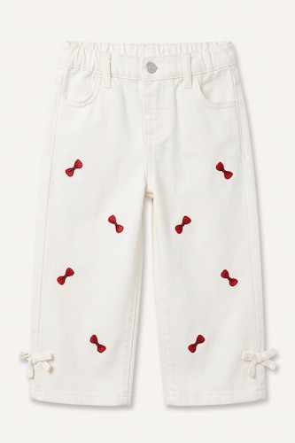 Baby Girl 100% Cotton Embroidered Bow Regular Fit Gabardine Trousers