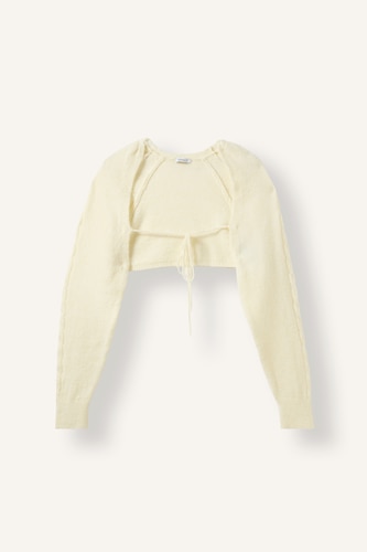 Kadın Ekru Regular Fit Bağlamalı Crop Basic Hırka