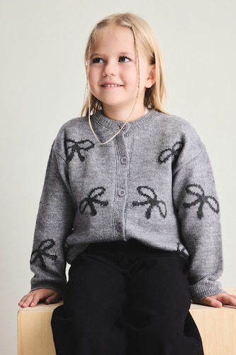 Baby Girl Bow-Print Crew Neck Knit Button-Up Cardigan