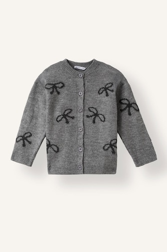 Baby Girl Bow-Print Crew Neck Knit Button-Up Cardigan