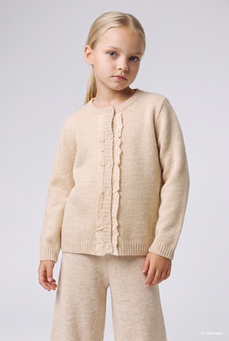طفلة صغيرة ميلانج بيج Baby Girl Ruffle Detailed Knitwear Cardigan