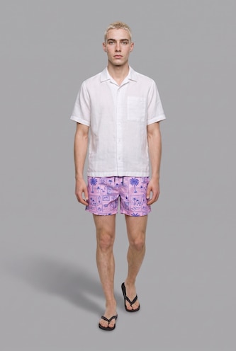 Men Light Pink Regular Fit Tropical Print Swim Shorts