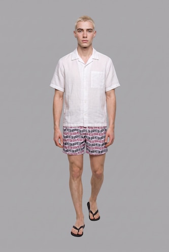 Men Ecru Regular Fit Text Print Swim Shorts