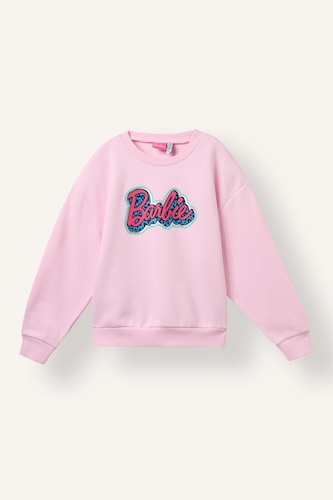 Young Girls - Teen Girls Pink Relax Fit Barbie Licensed Printed Crew Neck Sweatshirt