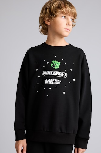 Erkek Çocuk - Genç Erkek Siyah Minecraft Baskılı Sweatshirt Erkek Çocuk