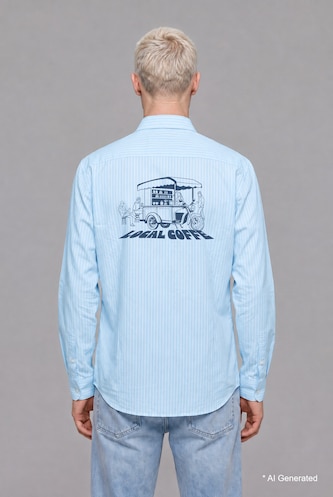Men Light Blue Boxy Fit Fine-Striped Cotton Long Sleeve Shirt