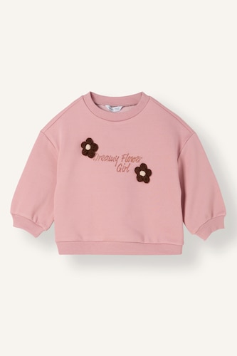 Kız Bebek Gülkurusu Çiçekli İçi Yumuşak Tüylü Sweatshirt Kız Bebek