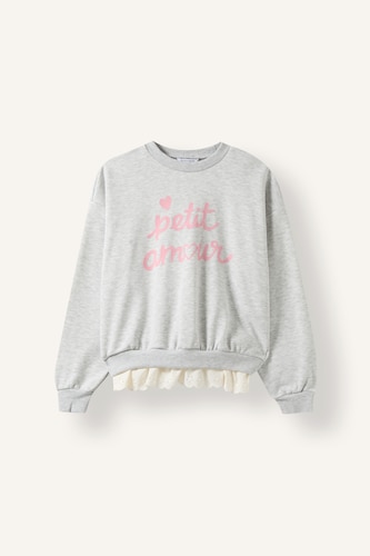 Kız Çocuk - Genç Kız Açık Gri Melange Baskılı Fırfırlı Sweatshirt Kız Çocuk