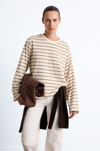 WOMAN Brown Striped Crew Neck Loose Fit T-Shirt