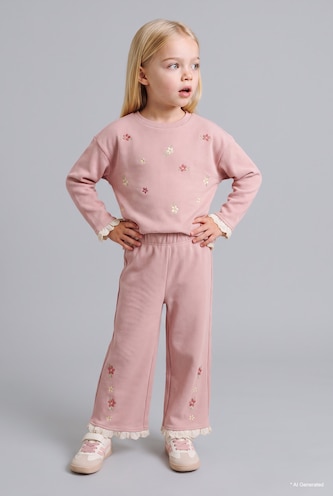 طفلة صغيرة وردي Baby Girl Wide Leg Floral Elastic Waist Sweatpants