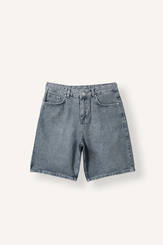 Erkek Mavi Gri Straight Fit Denim Bermuda