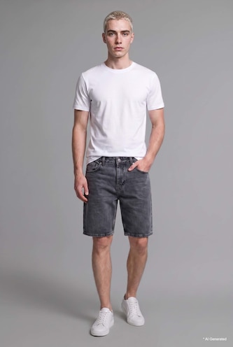 Men Blue Grey Washed Effect Straight Fit Denim Shorts