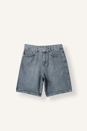 Washed Effect Straight Fit Denim Shorts