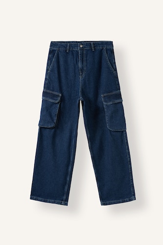 Erkek Koyu Mavi Super Baggy Fit Kargo Cepli Jean Pantolon