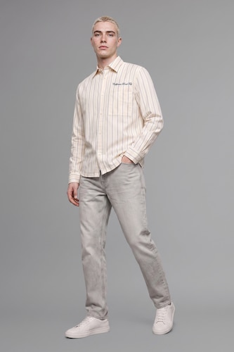 HOMME Écru Chemise boxy rayée en coton à manches longues