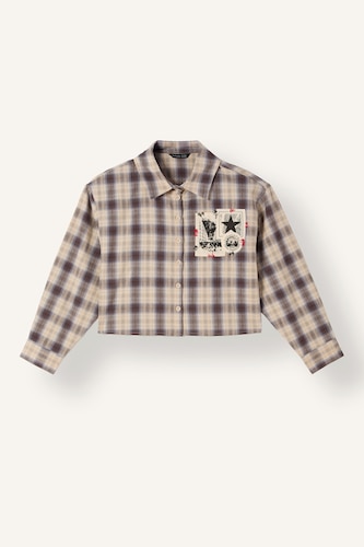 Kız Çocuk - Genç Kız Bej Relaxed Fit Ekose Crop Poplin Gömlek Kız Çocuk