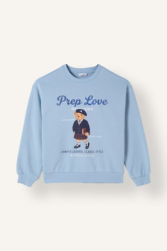 Kız Çocuk - Genç Kız Açık Mavi Relaxed Fit Ayıcık Baskılı Sweatshirt Kız Çocuk