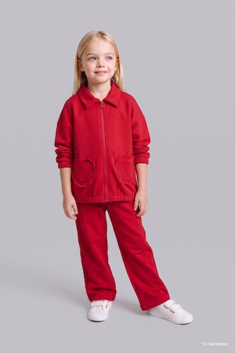 BÉBÉ FILLE Rouge Ensemble 2 pièces avec haut zippé à détail poche cœur et bas coupe large pour bébé fille