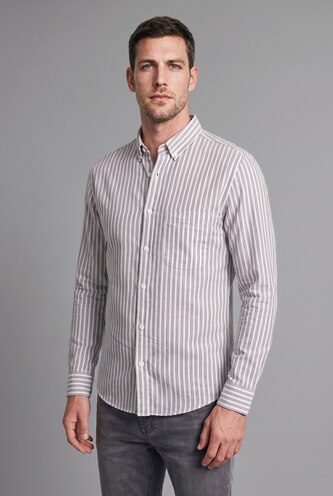 Man Grey Regular Fit Striped Cotton Long Sleeve Shirt