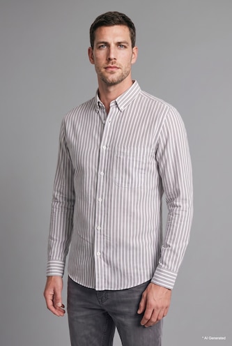 Men Grey Regular Fit Striped Cotton Long Sleeve Shirt