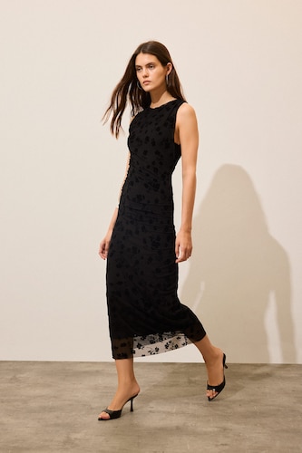 WOMAN Black Crew Neck Floral Gathered Tulle Sleeveless Midi Dress
