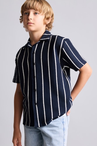 Erkek Çocuk - Genç Erkek Siyah Regular Fit Çizgili Kısa Kollu Erkek Çocuk Gömlek