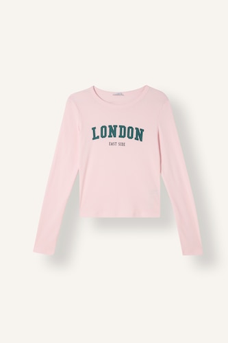Kadın Açık Pembe Fitted Yazı Baskılı Ribana Tişört