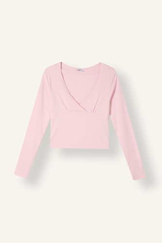 Fitted Basic Ribbed Long Sleeve Cross-Over V-Neck Top