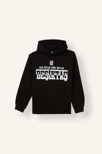 Erkek Çocuk - Genç Erkek Siyah Beşiktaş Kapüşonlu Baskılı Sweatshirt Erkek Çocuk