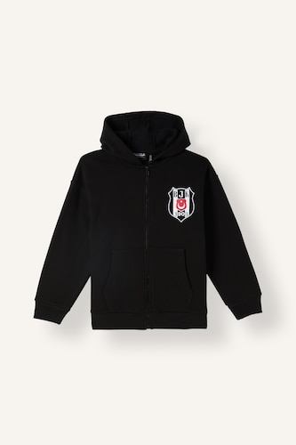 Erkek Çocuk - Genç Erkek Siyah Beşiktaş Logolu Kapüşonlu Hırka Sweatshirt Erkek Çocuk