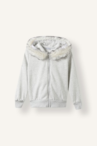 Kız Çocuk - Genç Kız Açık Gri Melange Kürklü Kapüşonlu Basic Hırka Sweatshirt Kız Çocuk